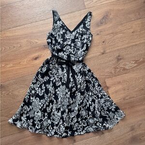 LOFT 100% SILK Floral Black and White Dress